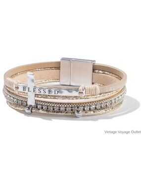Leather Cross Bangle Bracelet Rhinestone Charm Magnetic Clasp Boho